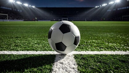 Fototapeta premium A low angle close up view of a soccer ball resting precisely on the white line of the field, captured with cinematic shot and dramatic lighting to emphasize intensity, focus, and anticipation