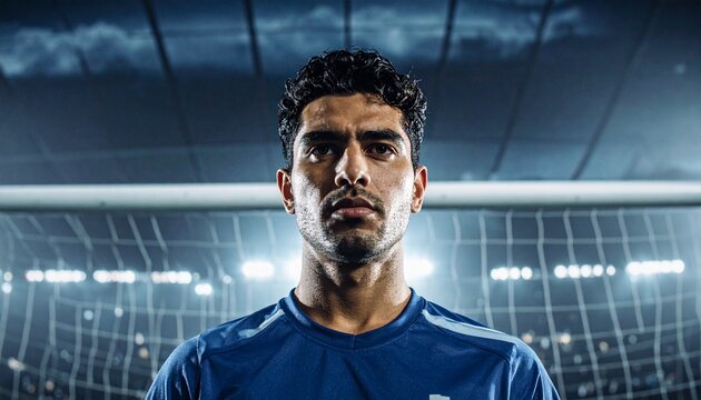 Low angle cinematic shot of an intense and focused soccer goalkeeper guarding the goal, ready to make a dramatic save on the field, showcasing athleticism, tension, and sports action - Powered by Adobe