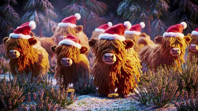 Festive herd of shaggy Scottish Highland cows in red Santa hats crossing snow-dusted heather beneath frosty pine trees 