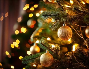 Close up of a beautifully decorated christmas tree with warm lights