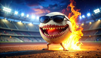 3D animated baseball character with sunglasses and a big fiery smile showing sharp teeth at the stadium; low angle view capturing action, energy, excitement, and dynamic cartoonish intensity