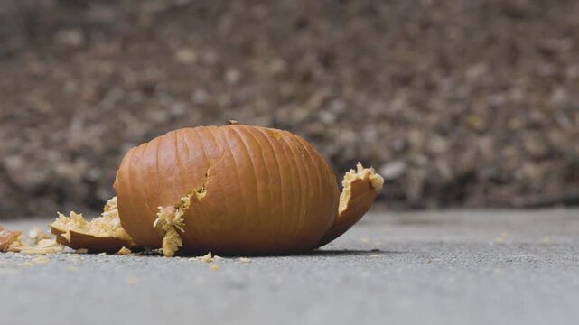 Closeup shows Halloween pumpkin being smashed on pavement