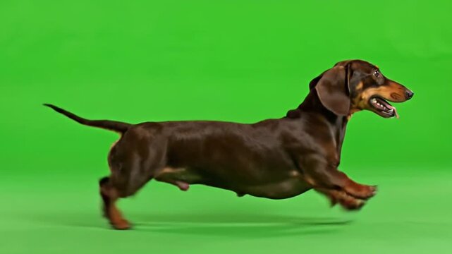 Dachshund sausage dog running with short legs on green screen chroma key background