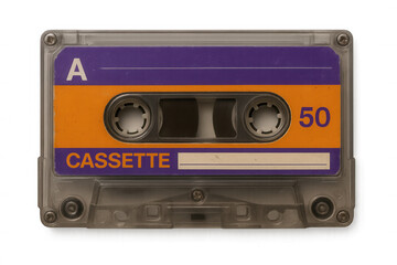 Fototapeta premium Close-up of a vintage audio cassette tape with orange and purple label, isolated on a transparent background, representing nostalgic music technology