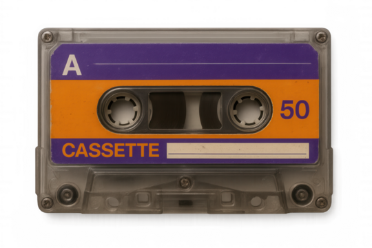 Close-up of a vintage audio cassette tape with orange and purple label, isolated on a transparent background, representing nostalgic music technology