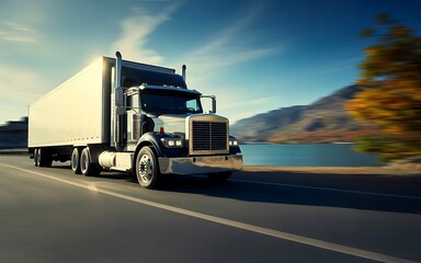 Freightliner Semi Truck On the Road A Powerful Image of Transportation, Speed, and Logistics, Depicting Commerce and Long-Haul Freight