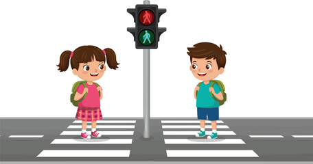 Cartoon school kids crossing pedestrian crosswalk safely with traffic lights, road safety education, stop and go signal illustration for children