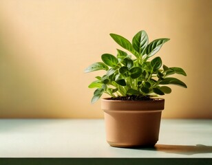 Fototapeta premium Small green potted plant on a light surface with a softly colored background 