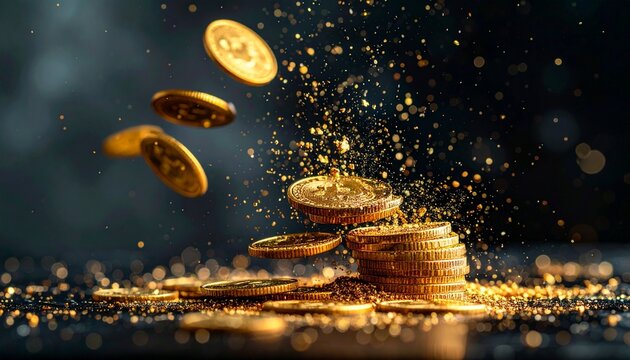 Close-up cinematic view of a stack of shiny gold coins with gold particles falling from above, creating a dramatic, luxurious, and glittering atmosphere with bokeh and selective focus lighting - Powered by Adobe