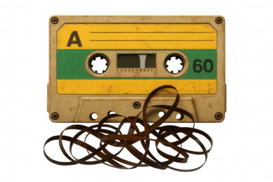Vintage damaged audio cassette with unraveled magnetic tape, symbolizing nostalgic analog music storage and technological evolution