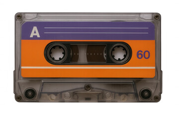 Fototapeta premium Close-up of a vintage audio cassette tape with orange and purple label, isolated on a transparent background, evoking nostalgia for retro music technology