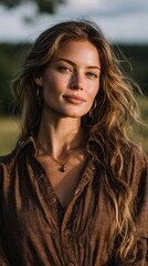 Windblown hair portrait – Close-Up Portrait of a Woman with Long Hair in Natural Setting cinematic natural outdoor light, woman with long flowing hair in motion, serene expression, editorial fashion