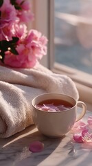 Serene Morning Tea with Pink Flowers on Marble Surface cinematic natural outdoor light, woman with long flowing hair in motion, serene expression, editorial fashion and