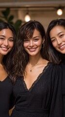 Windblown hair portrait – Group of Friends Smiling Joyfully at a Social Gathering Indoors cinematic natural outdoor light, woman with long flowing hair in motion, serene expression, editorial fashion