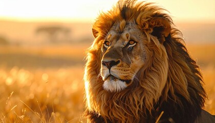 Naklejka premium A majestic lion, its golden mane highlighted by the warm glow of the African sunrise, gazes thoughtfully across the golden savanna.