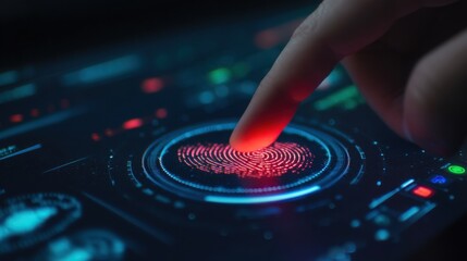 A finger interacts with a digital fingerprint scanner in a futuristic interface.