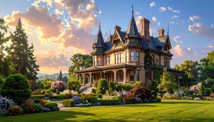 Fototapeta premium A grand, historic mansion, adorned with intricate details, sits amidst a vibrant garden landscape under a beautiful golden sunset.