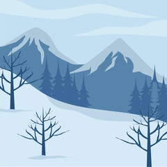 Snowy mountain landscape with bare trees nearby.