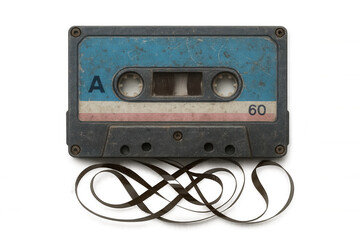Obraz premium Vintage audio cassette with tangled magnetic tape, symbolizing analog music memories against transparent backdrop