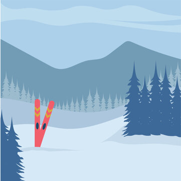 Winter forest features snowy hills mountains and a pair of skis.