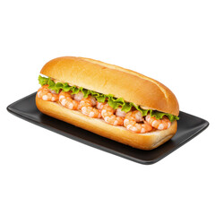 Delicious shrimp sandwich on a black plate freshly prepared and appetizing isolated on white background