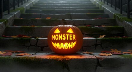 Glowing halloween pumpkin with monster mash carving on stone steps surrounded by autumn leaves creating a spooky atmosphere