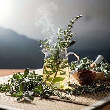 A steaming glass pitcher of Mu&ntilde;a mu&ntilde;a tea sits on a rustic bamboo mat, surrounded by fresh sage branches, creating a serene and warm atmosphere in a natural setting.