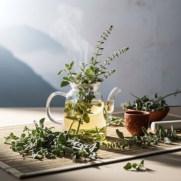 A steaming glass teapot of Mu&ntilde;a mu&ntilde;a tea sits on a rustic bamboo mat, surrounded by fresh sage branches, creating a serene and warm atmosphere in a natural setting.