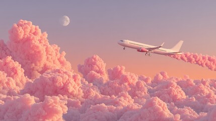 Pastel pink cloudscape with airplane