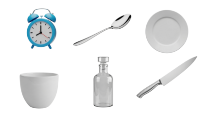 Various household essentials and kitchenware, including a clock, cutlery, dishes, and glassware, all perfectly isolated on a Transparent Background