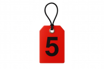 Red price tag with number five hanging on black string on transparent background, ideal for sales and promotions