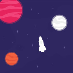 Rocket stars and three planets in space.