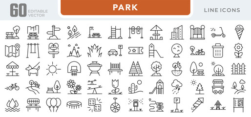 Park linear icon set. Trees, benches, playground, nature, recreation, outdoor, greenery, picnic, walking, environment, vector outline icon set. UI thin line icon pack