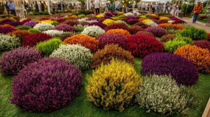 Vibrant heather plants are displayed in a field, each bursting with different colored blooms, creating a beautiful carpet of nature and garden ambiance