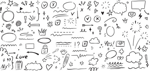 Random Doodle Elements – Arrows, Speech Bubble, Shapes, Scribble, Decorative, Hand Drawn, Vector, Cute, Sketch, Fun, Line Art, Icons, Abstract, Creative, Design, Illustration, Set, Pattern