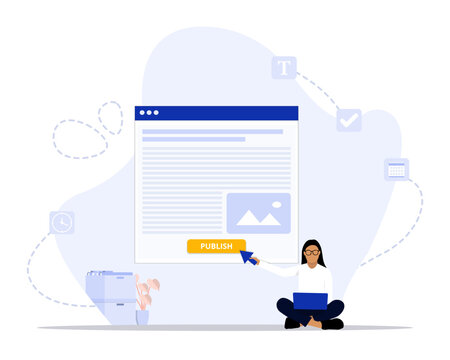 Publish article concept illustration. Suitable for landing page, ui, web, App intro card, editorial, flyer, and banner.