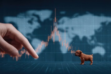 Digital art a human finger pointing at a small, brown dog in front of a financial graph and world map on a blue grid background