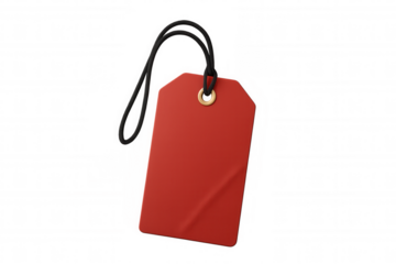 Red label with black string hanging on transparent background, perfect for showcasing sales and promotions