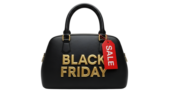 A purse with golden letters saying friday and a red tag indicating a sale event is taking place on transparent background - Powered by Adobe