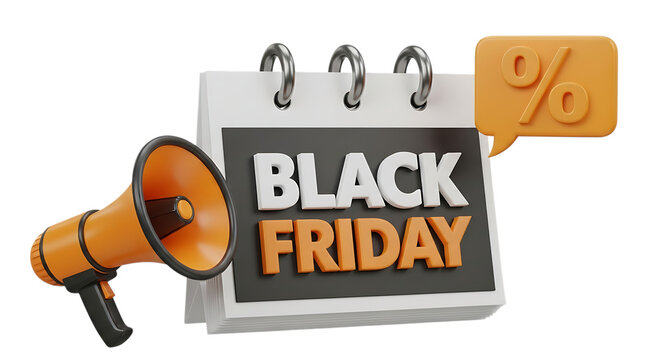 Megaphone calendar and percentage speech bubble promoting friday deals and discounts event time on transparent background