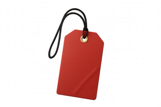 Red label with black string hanging on transparent background, perfect for showcasing sales and promotions