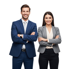 Two confident business people standing side-by-side, smiling and looking at the camera, with their arms crossed. isolated on a white background