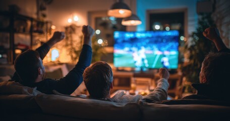 Fototapeta premium Men watch an exciting game on TV in a softly lit living room, cheering with raised fists, showcasing friendship and shared enthusiasm