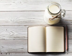 Open notebook and jar of milk on white wooden table 