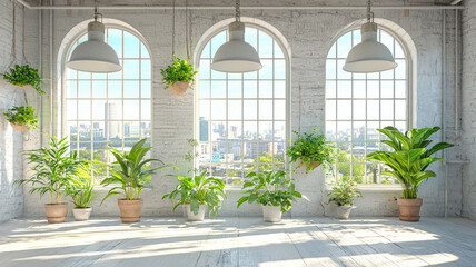 Indoor garden with green plants in pots and hanging planters by large arched windows with city view and natural light