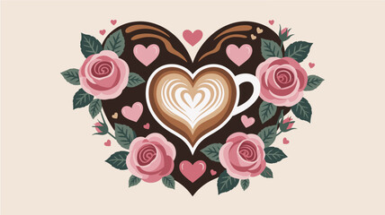 Coffee Cup Heart Shape with Roses and Leaves Design Illustration Art