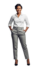 Fototapeta premium Smiling and dressed in modern business attire featuring white button-down shirt and trouser, standing in pose, isolated on a white background