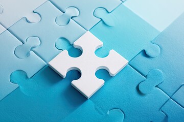 White puzzle piece in center of blue puzzle