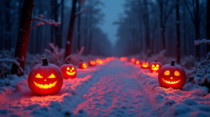 Glowing Halloween pumpkins illuminating a snow-covered forest path at twilight