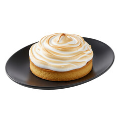 Exquisite lemon meringue tart on black plate toasted meringue swirls isolated on white background